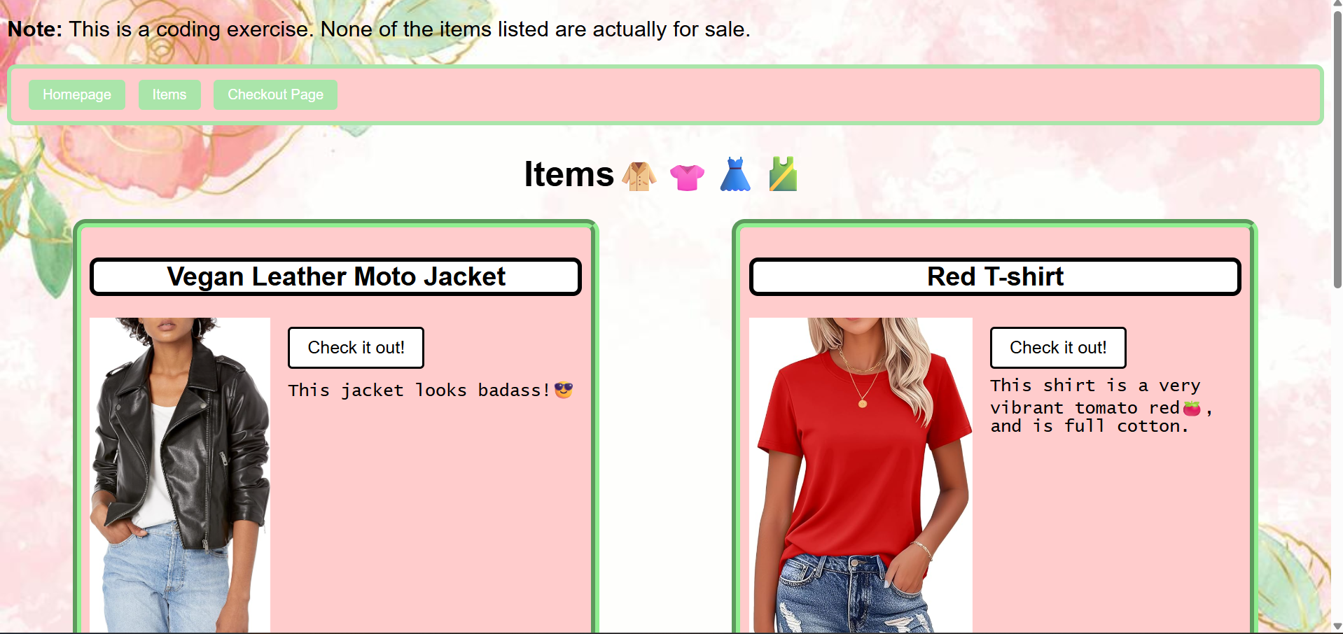 Screenshot of Sophie's shopping website project, showing a foral themed clothing shop